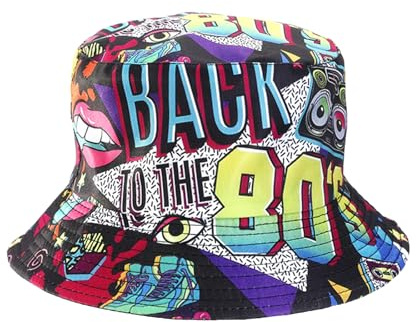 Fischerhüte Bucket Hat Retro 80er 90er Jahre Wendbarer, 90er 80er Jahre Outfit Accessoires Damen Herren, Doppelseitig Strand- und Fischerhut für Disco- und Hip-Hop-Partys