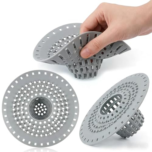 3 Stück Abflusssieb Silikon Grau, Haarsieb Dusche mit Saugnapf für festen Halt, Effektiver Haarfänger Badewanne & Waschbecken, Universelles Duschsieb gegen Verstopfung, Leicht zu reinigen & Flexibel