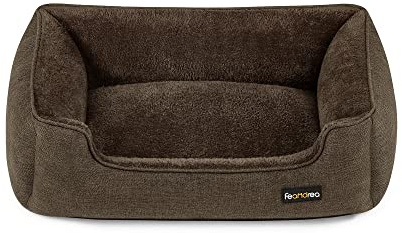 Feandrea Cama para Perros, Sofá de Lino para Mascotas, Bordes Elevados, Fondo Antideslizante, Funda Extraíble para Lavado, Tamaño M para Perros Pequeños, 70 x 55 x 21 cm, Marrón PGW10CC