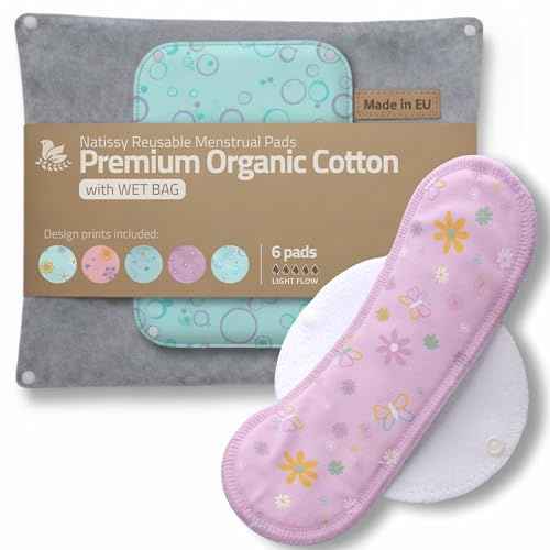 Tvättbara bindor ekologisk bomull; 6-pack + väska (storlek S M) MINI tygbindor tillverkade i EU; återanvändbara bindor tvättbar; tvättbara tygbindor för menstruation; bomullsbindor tvättbara
