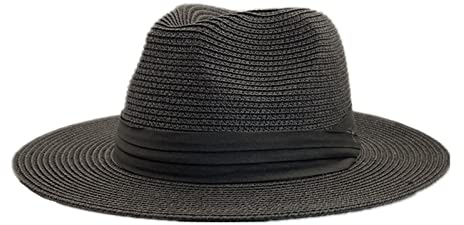 LTHTX Chapeau Panama classique d'été réglable, fait à la main, chapeau de paille pour homme, chapeau de plage, chapeau de protection UV, Noir , Large