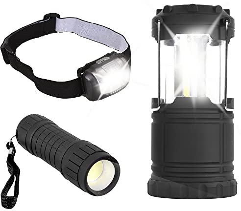 ASAB COB LED Light Set Battery Powered Outdoor Indoor Lights Easy to Carry Lantern Portable Ultra Bright LED Torch with Head Light Lamp for Emergency Camping Hiking Fishing Hunting Climbing