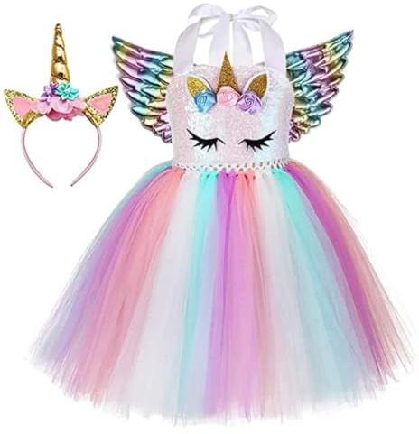 Rabtero Costume de Licorne pour enfants, robe de fantaisie princesse Licorne pour enfants, rose Licorne Ballet short avec bandeau et ailes de fille 6-7 ans