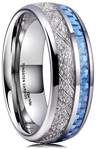 King Will METEOR 8mm Silver Meteorite Tungsten Carbide Wedding Ring for Men Domed blue Carbon Fiber Inlay Engagement Wedding Band Comfort Fit 11