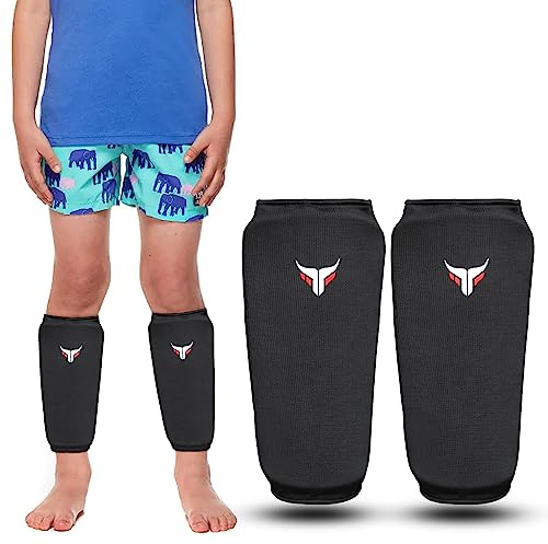 Mytra Fusion Niños espinilleras Kick Boxing espinilleras Elasticated MMA espinilleras Muay Thai, Entrenamiento, Sparring, Kickboxing, Artes Marciales Protector de espinilla (XXS, Black)