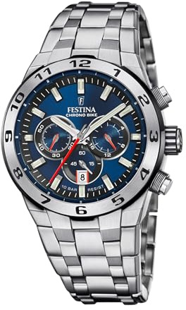 Festina Montre Homme Analogique en Acier Inoxydable 316L Argenté - Mouvement Quartz - Chronographe - Calendrier - Verre Minéral Haute Résistance - Étanche 10 ATM F20670/1 Chrono Bike