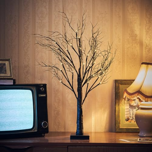 Lights4fun Arbre Artificiel Lumineux à LED Blanc Chaud à Piles avec Minuterie Décoration d'halloween de 60 cm Déco pour Intérieur