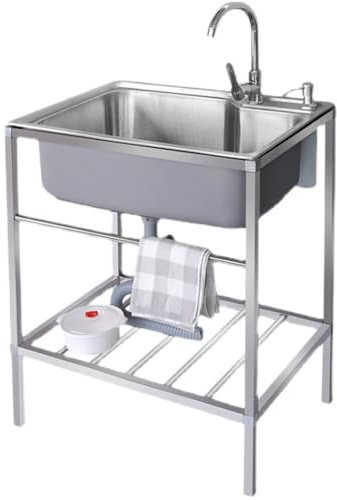 Gewerbliche Edelstahlspüle, Freistehende Einzelbecken Küchenspüle, Innen- und Außen Multifunktions Waschtisch mit Kalt- und Warmwasserhahn(68x44x75cm/27x17x30inch)