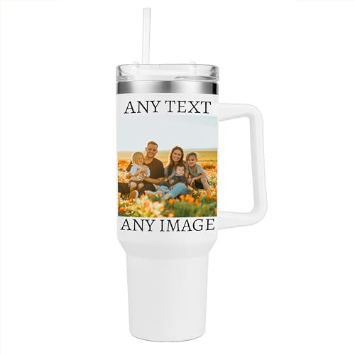 EKAM Personalised Tumbler with Handle and Straw, Customized 40oz/1135ml Insulated Stainless Steel Travel Coffee Cup with Any Image/Photo, Any Text or Logo, Personalized Photo Gift for Women Men,