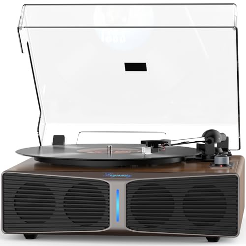 Trynnay Record Player with Speakers, Bluetooth Turntable with Built-in Speakers, Adjustable Counterweight, AT-3600L, 33/45 RPM, Adjustable Brightness Light Bar, Walnut
