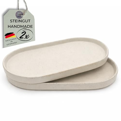 HerzHolzPapier® Keramik Tablett 2er Set 22,3 × 12 × 1,5 cm aus Steingut – Handgefertigt, Lebensmittelecht, Stapelbar – Serviertablett Pastellweiß, Matt, Gesprenkelt