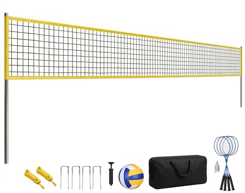 SPORTNOW Set di pallavolo e Badminton, pali in acciaio regolabile in altezza, pallone da pallavolo, rete Badminton portatile, 4 racchette da neve, 4 volant, borsa per il trasporto, per prato spiaggia