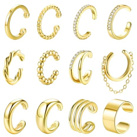 HTTDSLF 12 Pcs Ear Cuff, Pendientes sin Agujero, Mujer Ajustables Pendientes Clip, Pendiente de Clip para Niñas, Falsos Piercing Oreja Cartílago Helix Ear Cuff para Mujer