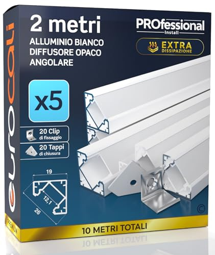5x Profili Angolari da 2 metri (10mt) in Alluminio Bianco per Strisce LED Schermatura Opaca ingombro max striscia led 12.1mm - 19 x 19