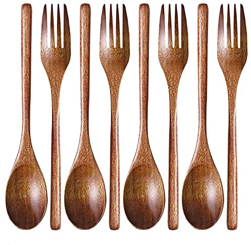 Suppenlöffel und Gabeln Holz, 6 Stück Holz Besteck, Holz Küchenutensilien, Wooden Spoon, Japanischen Stil Wiederverwendbare Besteck, Holzlöffel für Camping, Outdoor, Küche, Kochen, Abendessen