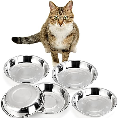 DEAYOU 5 Pack Stainless Steel Cat Bowls, 7.7 Metal Cat Food and Water Dish, 16oz Basic Pet Feed Bowl for Kitten, Puppy, Wide Shallow Replacement Bowl Plate for Dog, Elevated Stand, Dishwasher Safe