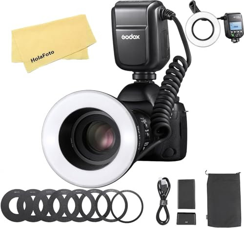 Godox MF-R76C TTL LED Micro Flash Annulaire pour Appareil Photo Canon, CCT 5900K±200K, Batterie Lithium 3000mAh, 5500K Pleine Puissance, Double Tube Flash, Speedlight et Ecran LCD, Bague Dadaptation