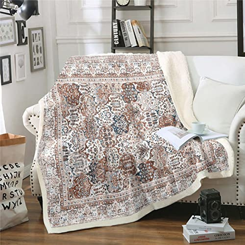 Homewish Orientalische Wurfdecke für Couch Vintage Vliesdecke 130x150cm | Persische Floral Sherpa Decke Boho Tribal Decke Traditionelle Ästhetische Bettdecke Hippie Paisley Mandala Dekor Braun