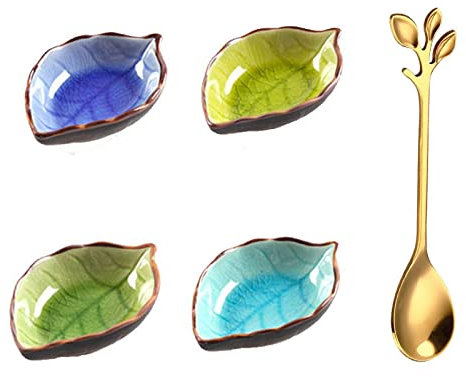 Winlauyet 4 Pcs Ceramic Sauce Dishes Dip Bowls with Spoon Leaf-Shape Mini Bowl Set Dish Tableware Condiment Chopsticks and Spoon Rack Holder