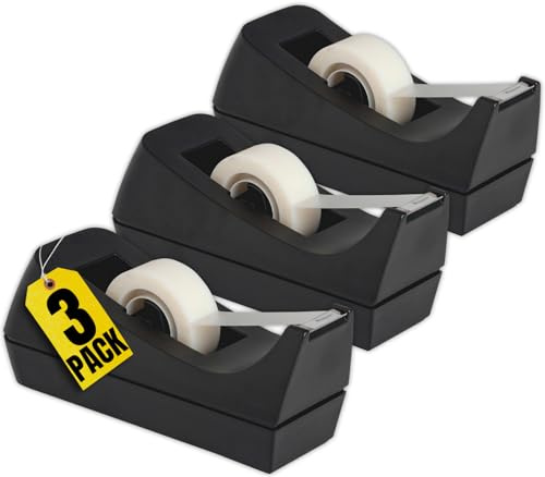1InTheOffice Tape Dispenser Desk, Weighted Nonskid Base, 1 Inch Core, Black, 3 Pack