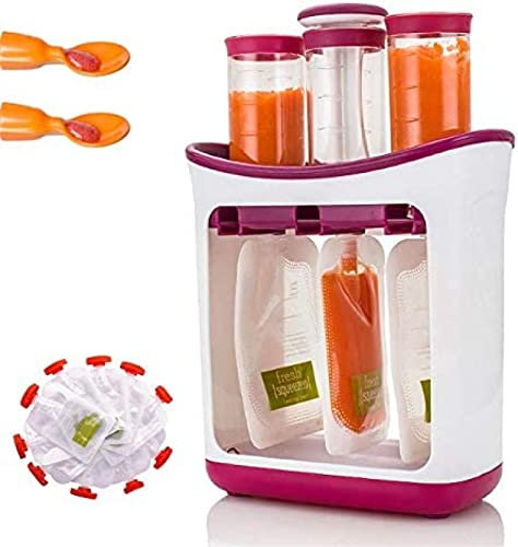 Quetschstation, Press- und Aufbewahrungssystem für selbstgemachte Babynahrung, Baby-Fruchtsaftzubereiter mit 10 Püreebeuteln und 2 Löffeln, zum Aufbewahren und bequemen Mitnehmen für unterwe