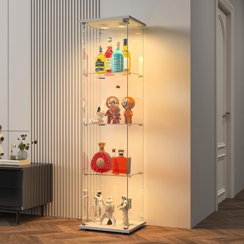 BPKADHY glasvitrinskåp, 4 lager glas trä vitrinskåp, 1 dörr med LED och lås glasvitrinskåp stående för vardagsrum sovrum kontor vit glashylla