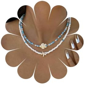 Inateannal Boho Schildkröte Seestern Choker Halskette Winzige Samen Perlen Halskette Choker Weiß Perlen Seestern Halskette Blau Reis Perlen Halskette Sommer Strand Schildkröte Halskette