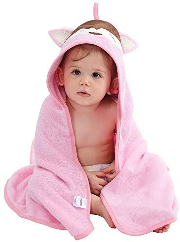 HAHASHOW Ragazzo Ragazza Bambù Asciugamano Da Bagno Con Cappuccio, Asciugamano Con Simpatico Design Animale, Asciugamani Grandi e Assorbenti Per Bambini Per Neonato,Volpe Rosa Infant 75 * 100 cm.