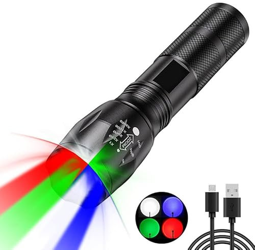 POCKETMAN Lampe de poche LED zoomable 4 couleurs en une (rouge, blanc, vert, bleu), lampe à main extrêmement lumineuse, rechargeable, 4 modes, multifonctionnelle pour l'extérieur, l'astronomie, la