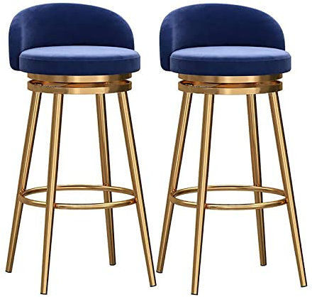 Farmhouse Barhocker für die Küche, 2 Stück, Thekenhöhe, Drehhocker mit Rückenlehne, 360° drehbar, Samt, gepolsterter Sitz, goldfarbene Metallbeine, Blau, 65 cm