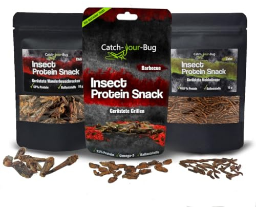 Insekten zum Essen 3er-Pack verzehrfertig von Catch-Your-Bug, gewürzte Heuschrecken, Mehlwürmer & Grillen, essbare Insekten für Menschen 40g, High Protein Snack mit über 40% Protein