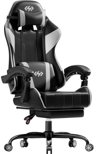 HLFURNIEU Sedia Gaming Ergonomica, Poltrona Gaming con Cuscino a Molle, Sedia Gamer con Poggiapiedi e Supporto Lombare, Regolabile in Altezza, Schienale Regolabile 90-135° (Nero e Bianco)