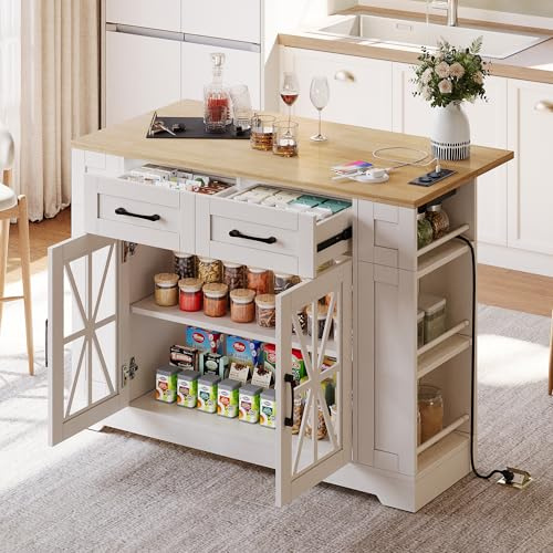 Oslghy Küchenwagen, Kücheninsel, Servierwagen mit Ausklappbarer Arbeitsplatte klappbar, Küchenschrank, Buffetschrank mit AC USB-Anschluss, Glastür, Schubladen, Rollen, 120x40-65x89cm (Weiß)