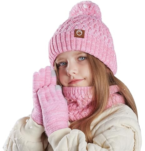 Ensemble bonnet, écharpe et gants d'hiver pour enfants, bonnet chaud en tricot thermique, cache-cou, moufles pour écran tactile avec doublure en polaire douce pour filles et garçons de 4 à 10 ans