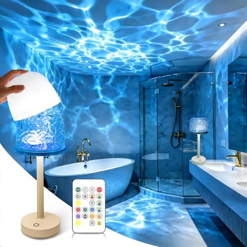 praclife Waterproof Shower Lamp, 16 Colors Dynamic Wave Projector Lights, Rechargeable Cordless RGB Mood Light Supports Romote and Touch Control for Bathroom Spa Bedroom Camping