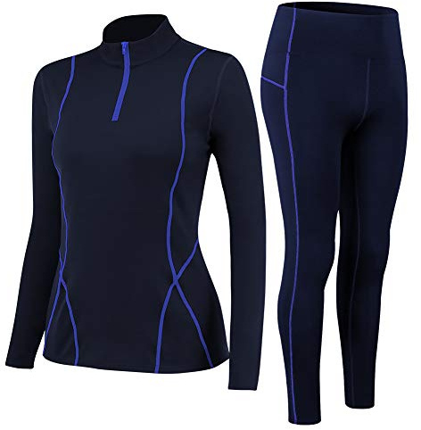 Fengzio Intimo Termico Donna Invernale, Maglia Termica Donno Funzionale Pantaloni e Maglie con Cerniera, Tuta Termice Donne Set per Sci Corsa Palestra-Blu,L