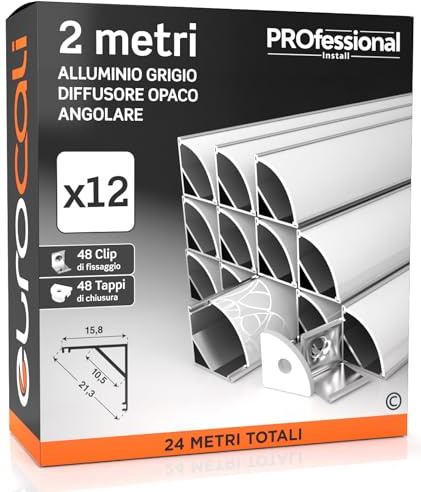 12x Profili Angolari da 2 metri (24mt) in Alluminio per Strisce LED | Schermatura Opaca ingombro max striscia led 10.5mm - 15.8 x 15.8