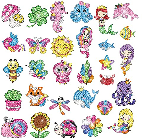 Diamantmålning Klistermärken, CAYUDEN 30 st 5D Sjöjungfru Diamantmålning Bilder Barn DIY Mermaid Diamond Painting Sticker Kit Barn Flickor Diamant Målning Klistermärken Set för Barn 6 8 10 12 Vuxen