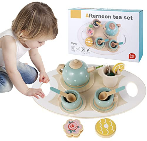 willkey 14Pcs Toy Tea Set Afternoon Tea Set Toy Wooden Pretend Tea Party Set Learning Role Play Funny Dessert Food Kid Playset Interactive Simulation for 3 4 5 Years Girl Toddler Boys (14PCS)