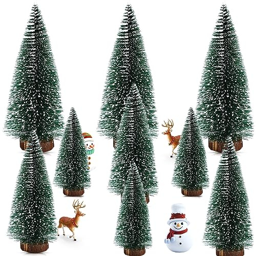 Minigrandekoration – uppsättning om 9 små dekorativa granträd i 3 storlekar (10/15/20 cm) med snöeffekt och träbas, perfekt som juldekoration julgran för bord och fönsterbräda
