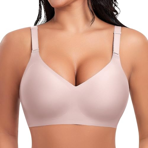 Ganado Soutien Gorge sans Armature Brassière Femme Push up Col en V Bralette Comfit Brassiere sans Coutures (Rose,XL)
