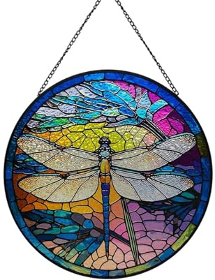 Ykendz Dragonfly Stained Glass Window Hanging,Stained Glass Panel Hanging Decorative, Window Suncatcher Decor for Bedroom Office Garden Kitchen Ornament (Dragonfly A)