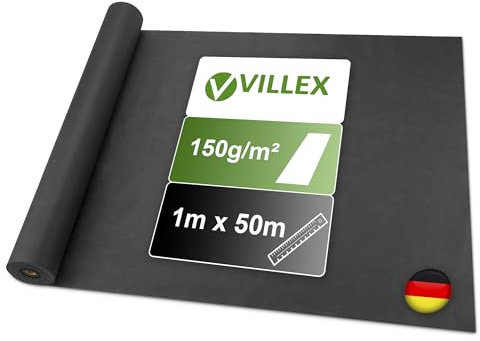 Villex - 25 m² Unkrautvlies 150g/m2 wasserdurchlässig - 25x1m | Jahrelanger Unkrautschutz | reißfestes, UV& witterungsbeständiges Gartenvlies -Vlies Garten Unkrautfolie - Unterbodengewebe Unkrautflies