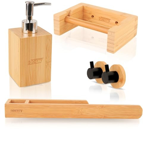 Biberty Accesorios baño Madera bambú, 5 Piezas con y sin Taladro dispensador de jabón, toalleros baño Madera, portarrollos Papel higienico Adhesivo, Colgador baño Adhesivo y dispensador jabón baño