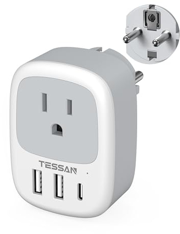 Type E F Plug Adapter USB C, TESSAN Germany France Power Adaptor, Schuko Outlet with 3 USB Ports, Travel Plug for US to Europe EU Spain Iceland Korea Greece Russia German French