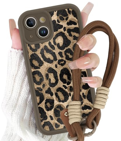 Yirlbey Klockfodral med snodd för iPhone 13 Mini 5,4 tum, mjukt silikonfodral med Aesthetic Leopard Brun Designs, Stötsäkert fodral med axelrem Kedjehalsband iPhone 13 mini, ko