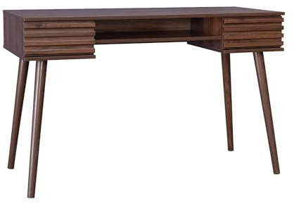 Alice's Garden sweeek - Bureau décor Bois 2 tiroirs MADERE Noyer. 1 casier. façade rainurées. 120 x 55 x 76.5 cm