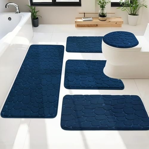Heavyoff Alfombra de Baño 5 Piezas, Alfombrilla para Bañera Antideslizante, Lavable, Absorbente, Alfombra de baño, Alfombra de Inodoro para Baño, Ducha, Azul Marino