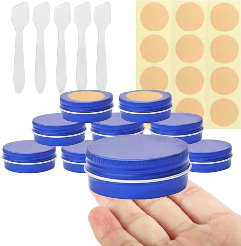 BPackGo 10 Pcs 30ml - D52mm x H21mm Aluminium Tin with Lids, Blue Aluminium Tin Jars with Lids, Lip Balm Tins, Sample Pots for Candles, Cream, Powder, Cosmetics with Labels and Spatulas