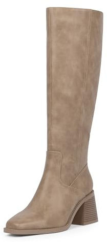 Easyfox Knee High Boots Women Chunky Heel Nude Boots for Women Low Heeled Tall Long Leather Fall Boot Square Toe Dress Block Heel Knee High Boot Size 7.5